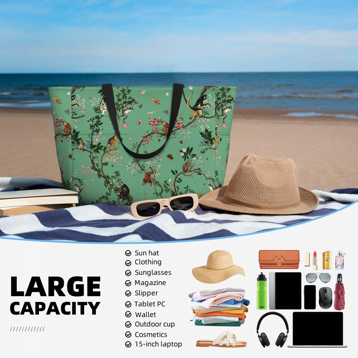 Monkey World Green Beach Tote  - Yoga Fitness World ulasan dan harga