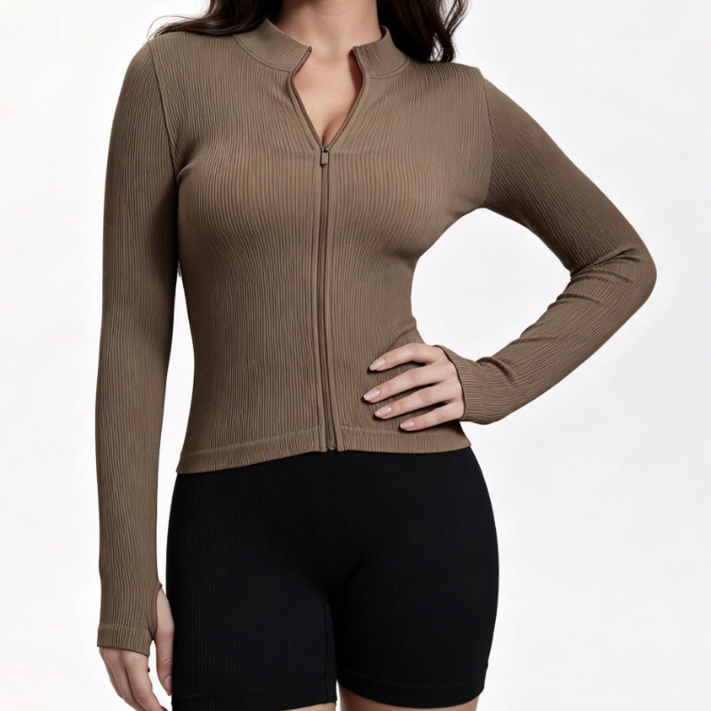 Women Ribbed Long Sleeve Zip U - Yoga Fitness Wear ulasan dan harga